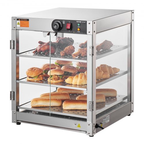 Bostome 3-tier countertop food warmer display cabinet with glass doors and adjustable temperature control.