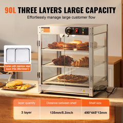 3-tier countertop food warmer display cabinet with glass door and adjustable temperature control.