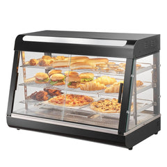 Black 3-tier stainless steel food warmer display cabinet with glass doors and shelves holding burgers, pizzas, and pastries.