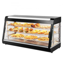 Three-tier countertop food warmer display cabinet with adjustable temperature and LED lighting.
