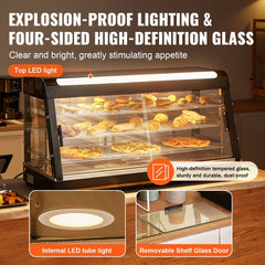 Three-tier countertop food warmer display cabinet with adjustable temperature and LED lighting.