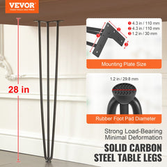 Set of 4 black 28-inch hairpin table legs made of 3-rod carbon steel with rubber floor pads.
