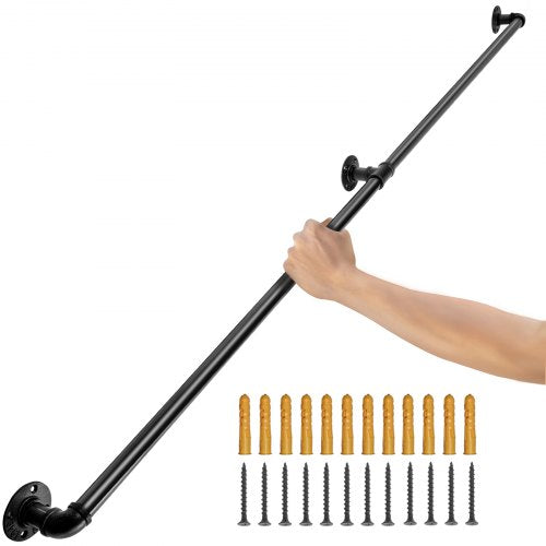 Black carbon steel pipe stair handrail, 6ft long, suitable for indoor and outdoor use.