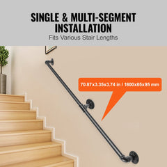 Black carbon steel pipe stair handrail, 6ft long, designed for indoor and outdoor use.