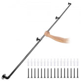 Black 9ft carbon steel pipe stair handrail with robust construction and adjustable design.