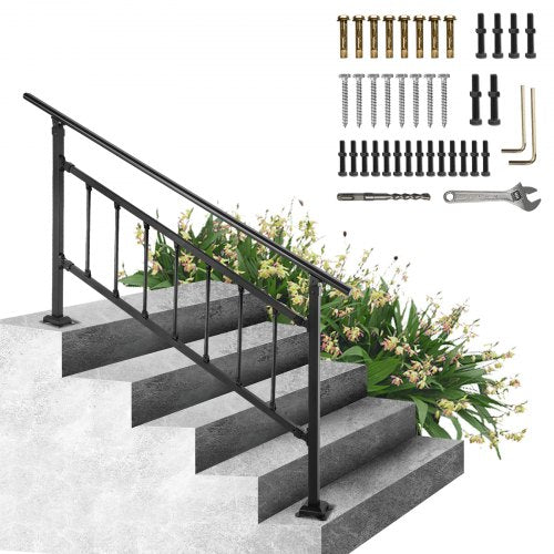 Matte black wrought iron outdoor stair railing for 0-5 steps with adjustable height and angle.