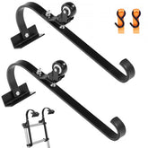 Two black steel ladder roof hook stabilizers with swivel wheels and orange straps, shown with a ladder.