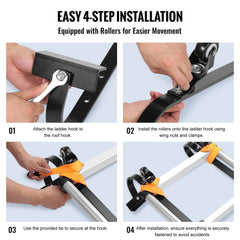 Four-panel diagram showing easy 4-step installation of steel ladder roof hook stabilizer with swivel wheels.