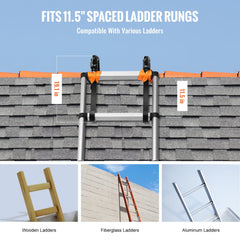 A ladder roof hook stabilizer with swivel wheels is shown on a roof, compatible with various ladders.