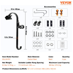 Two black steel ladder roof hook stabilizers with swivel wheels, shown with dimensions and accessories.