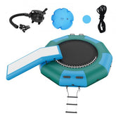 10ft inflatable water trampoline in green and blue with white slide, ladder, pump, and repair kit.