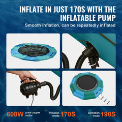 10ft inflatable water trampoline with slide, ladder, and 600W pump for quick inflation.