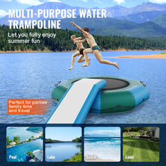 10ft inflatable water trampoline with slide, ladder, and anchors for lake, beach, or pool use.