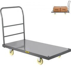 Gray steel platform truck with handle and four wheels, holding two boxes.