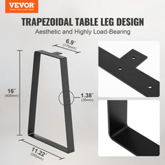 Black 16-inch trapezoid steel table legs with a matte finish, set of two for DIY projects.