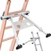 Adjustable steel ladder stabilizer with anti-slip feet and built-in tool tray for secure footing.