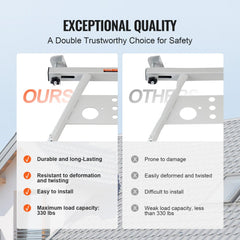 Adjustable steel ladder stabilizer with anti-slip feet and built-in tool tray for safety.