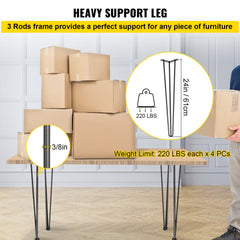 Set of four 24-inch black hairpin table legs with 3-rod frame and 220 lb capacity each.