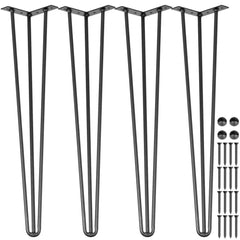 Four black 30-inch, 3-rod carbon steel hairpin table legs with mounting hardware.