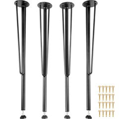 Set of four 28-inch black hairpin metal table legs with mounting plates and screws.