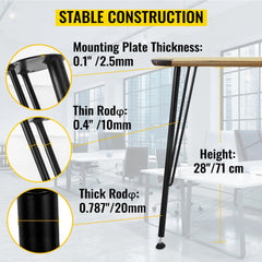 Diagram of 28-inch black hairpin metal table legs set of 4, showing 0.1-inch mounting plate, thin 0.4-inch and thick 0.8-inch rods, and 500lbs capacity.