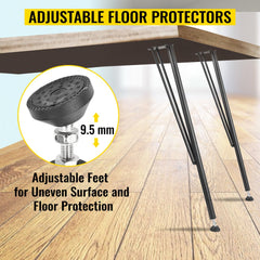 Set of four 28-inch black hairpin metal table legs with adjustable floor protectors.