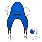 Blue U-shaped patient lift sling with head support, shown with compatible hoist.