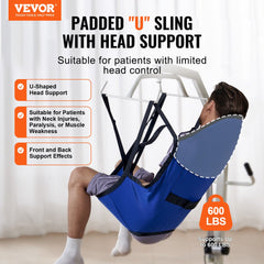 Blue padded U-shaped patient lift sling with head support and reinforced straps on a seated person