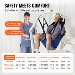 Small U-shape patient lift sling with head support, shown in use with caregiver and patient.