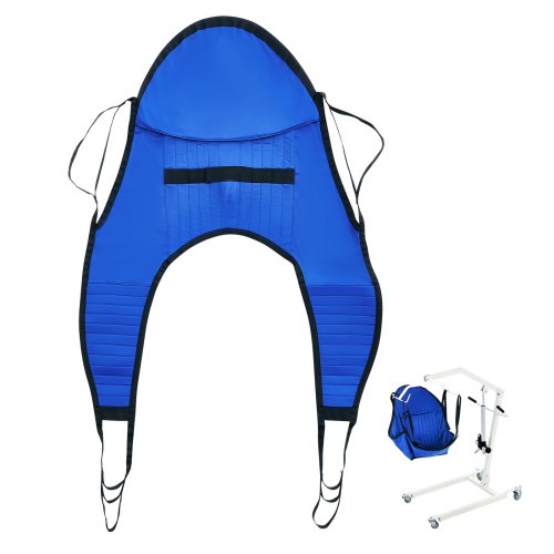 Large U-shaped patient lift sling with head support for safe transfers and reinforced straps.