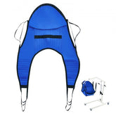 Large U-shaped patient lift sling with head support for safe transfers and reinforced straps.