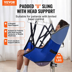 Large U-shaped patient lift sling with head support and reinforced straps for secure transfers.