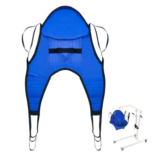 Medium U-shape patient lift sling with head support and divided leg design for safe transfers.