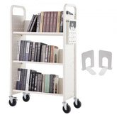White rolling book cart with V-shaped shelves, books, handle, wheels, and bookends.