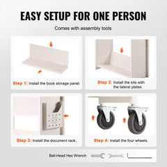 Infographic showing easy one-person assembly steps for a white rolling book cart with V-shaped shelves and wheels.