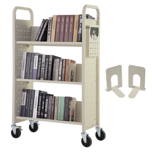 Cream rolling book cart with V-shaped shelves and 330 lbs capacity on swivel lockable wheels.