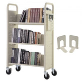 Cream rolling book cart with V-shaped shelves and 330 lbs capacity on swivel lockable wheels.