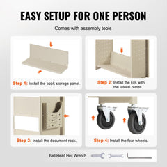 Cream rolling book cart with V-shaped shelves and 330 lbs capacity on lockable wheels.