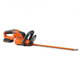 Orange 20V cordless hedge trimmer with 18-inch steel blade and 180-degree rotating head.
