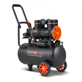 Black Bostome 6.3-gallon oil-free air compressor with wheels, handle, and orange accents.