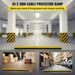 Heavy duty rubber cable protector ramp with five channels in black and yellow for visibility.