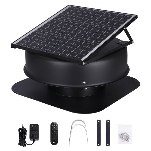 Black 40W solar attic fan with 1230 CFM airflow, adjustable panels, adapter, remote, and mounting hardware.