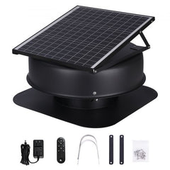 Black 40W solar attic fan with 1230 CFM airflow, adjustable panels, adapter, remote, and mounting hardware.