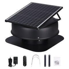 Black 40W solar attic fan with foldable panels, roof base, adapter, remote, and mounting hardware.