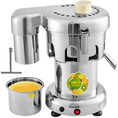 Stainless steel centrifugal juice extractor with pulp cup and fresh orange juice.