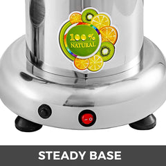 Stainless steel centrifugal juice extractor with steady base and natural juice labels.