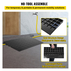 Rubber threshold ramp with 2.6" rise, three channels for cord cover, and grooved surface.