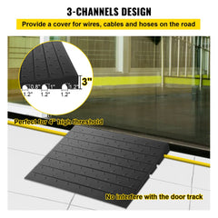 Black rubber threshold ramp with 3-inch height, 3 channels, and 2200 lbs capacity.