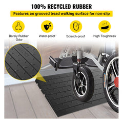 Black 3-inch rubber threshold ramp with grooved tread and three channels for wheelchairs.