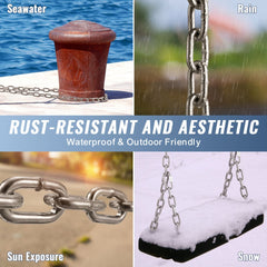 Collage showing zinc-plated steel chain in seawater, rain, sun, and snow conditions.